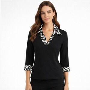 Joseph Ribkoff Zebra Print Collar V-Neck Black Stretch Career 3/4 Sleeve Sz 6
